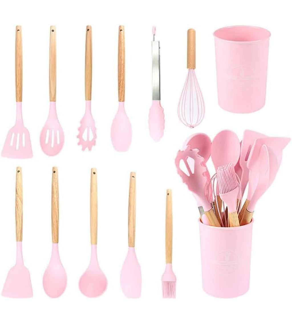 12-Pc Silicone Utensil Set with Wooden Handles & Holder - Pink