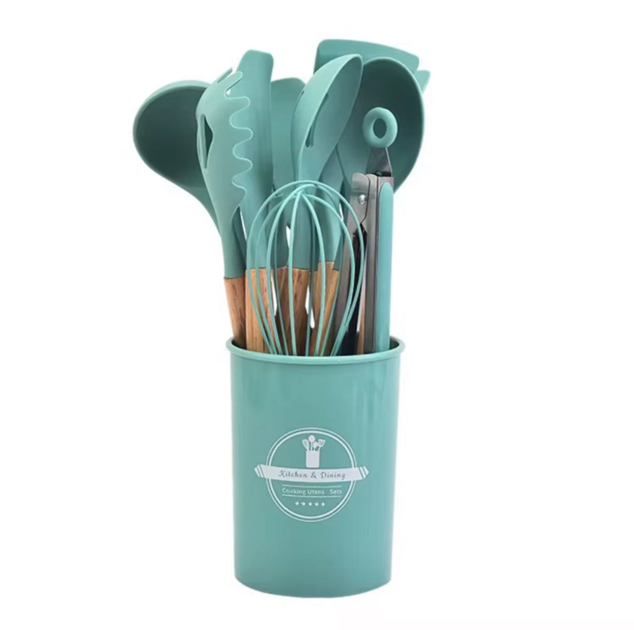 12-Pc Silicone Utensil Set with Wooden Handles & Holder - Turquoise