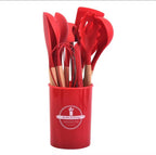 12-Pc Silicone Utensil Set with Wooden Handles & Holder - Red