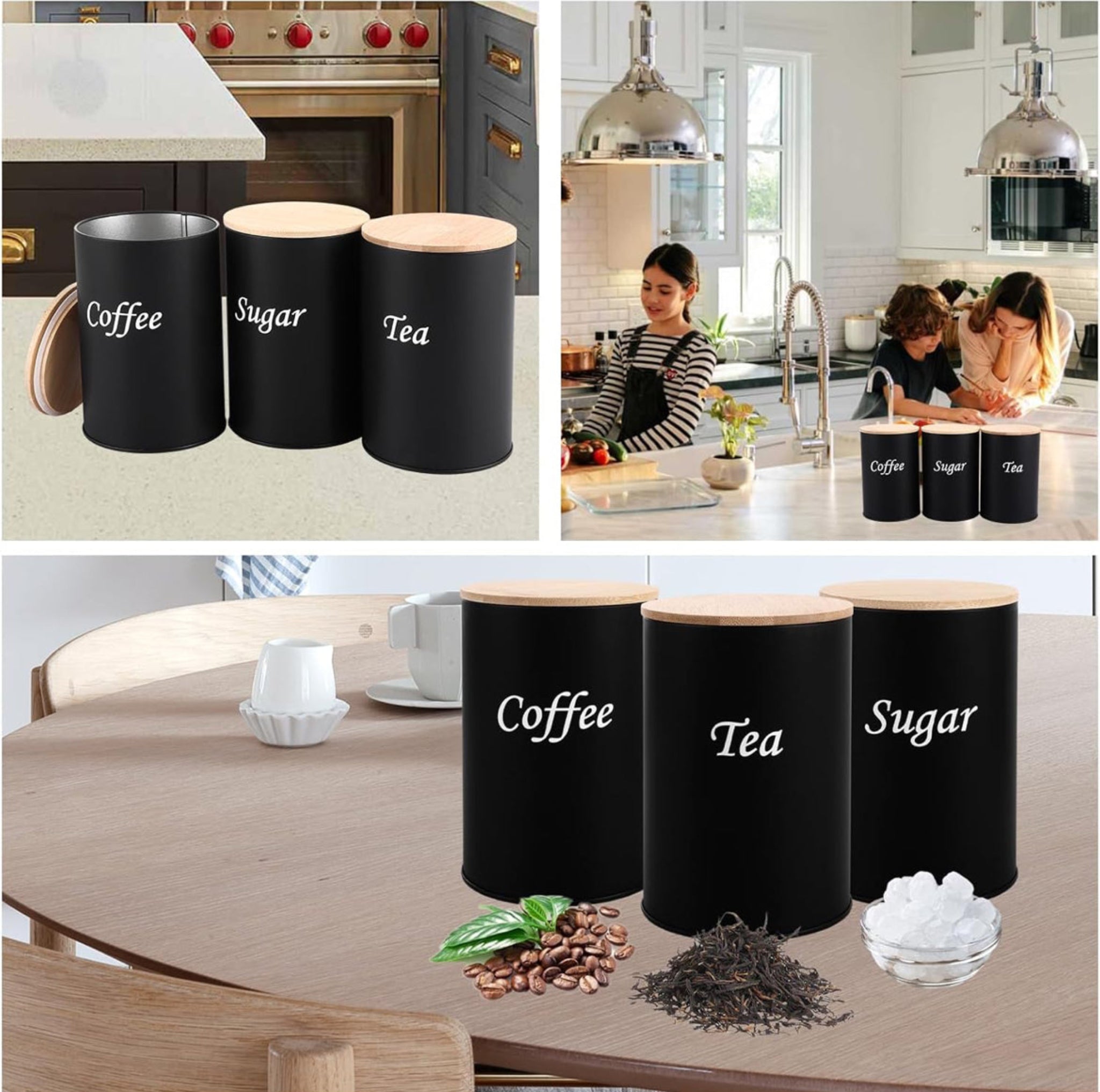 Black Kitchen Canister Set – Coffee, Tea & Sugar with Bamboo Lids (3-Piece)