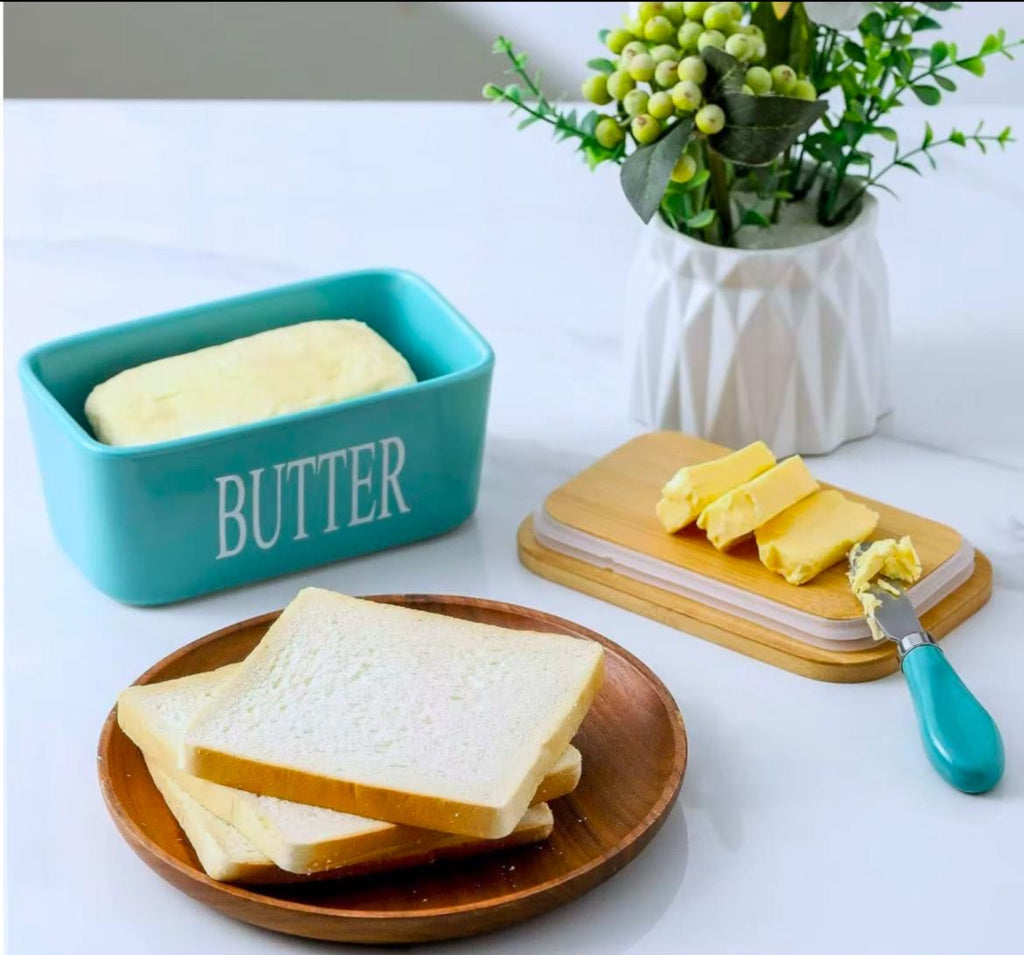Ceramic Butter Dish With Wooden Airtight Lid, With Butter Knife Turquoise 600ml