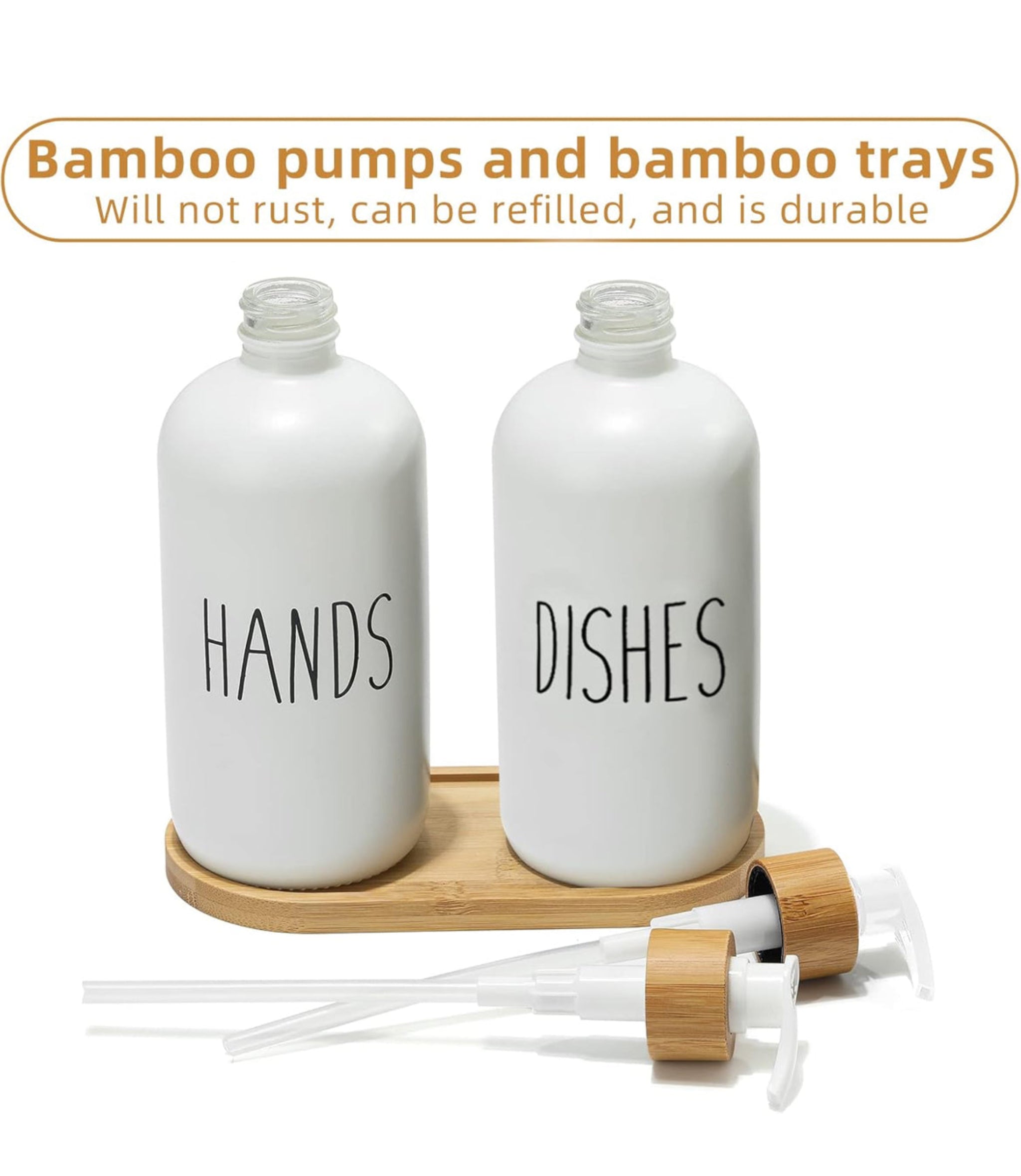 2x 500ml Lotion Soap Dispenser Hand Sanitizer Glass Bottle With Bamboo Cover Pump - White