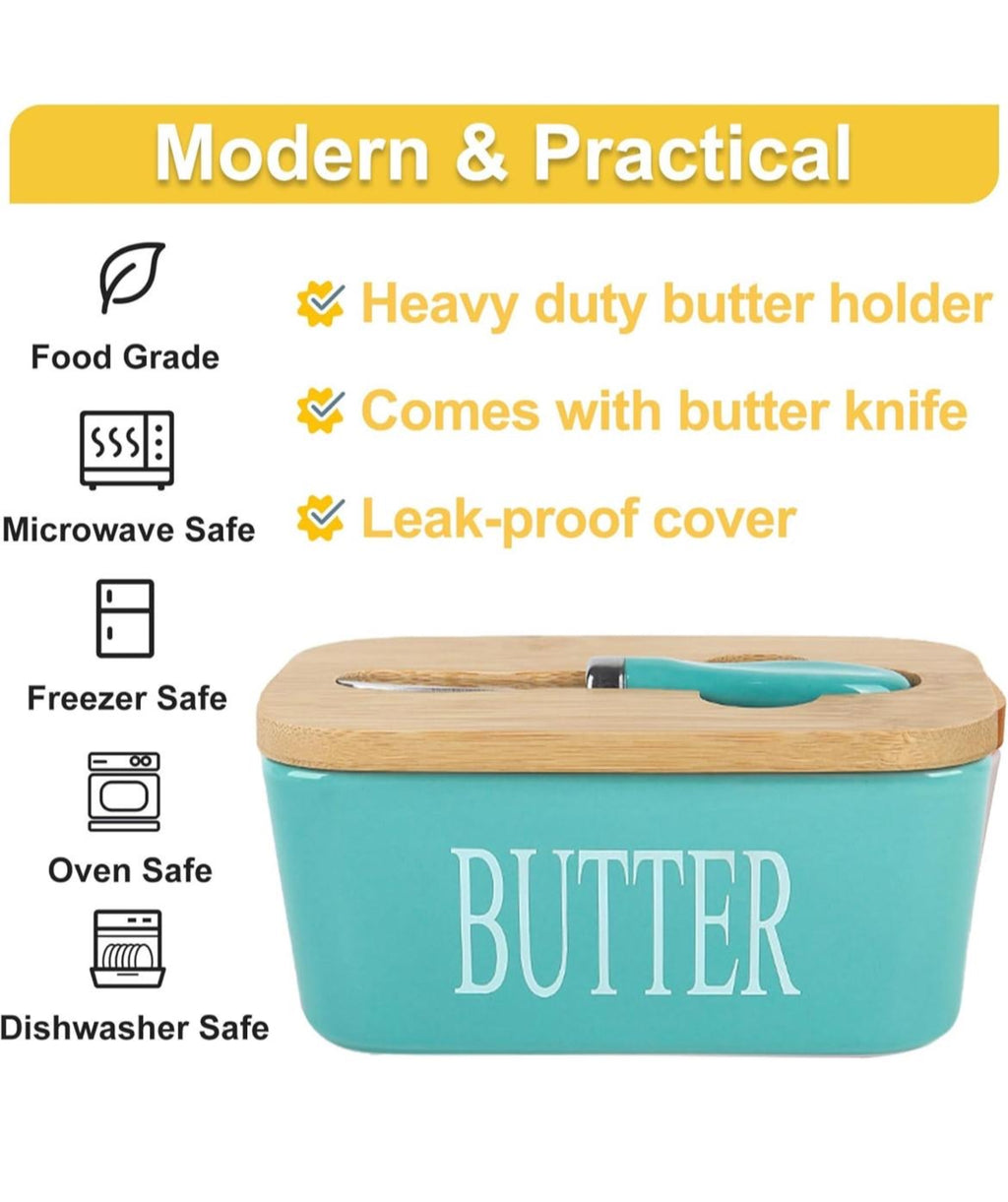 Ceramic Butter Dish With Wooden Airtight Lid, With Butter Knife Turquoise 600ml