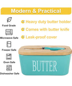 Ceramic Butter Dish With Wooden Airtight Lid, With Butter Knife Turquoise 600ml