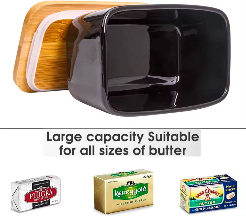 Ceramic Butter Dish Wooden Airtight Lid, With Butter Knife Black 600ml