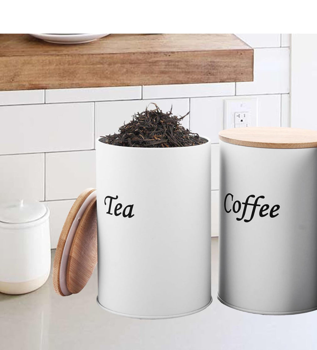 White Kitchen Canister Set – Coffee, Tea & Sugar with Bamboo Lids (3-Piece)