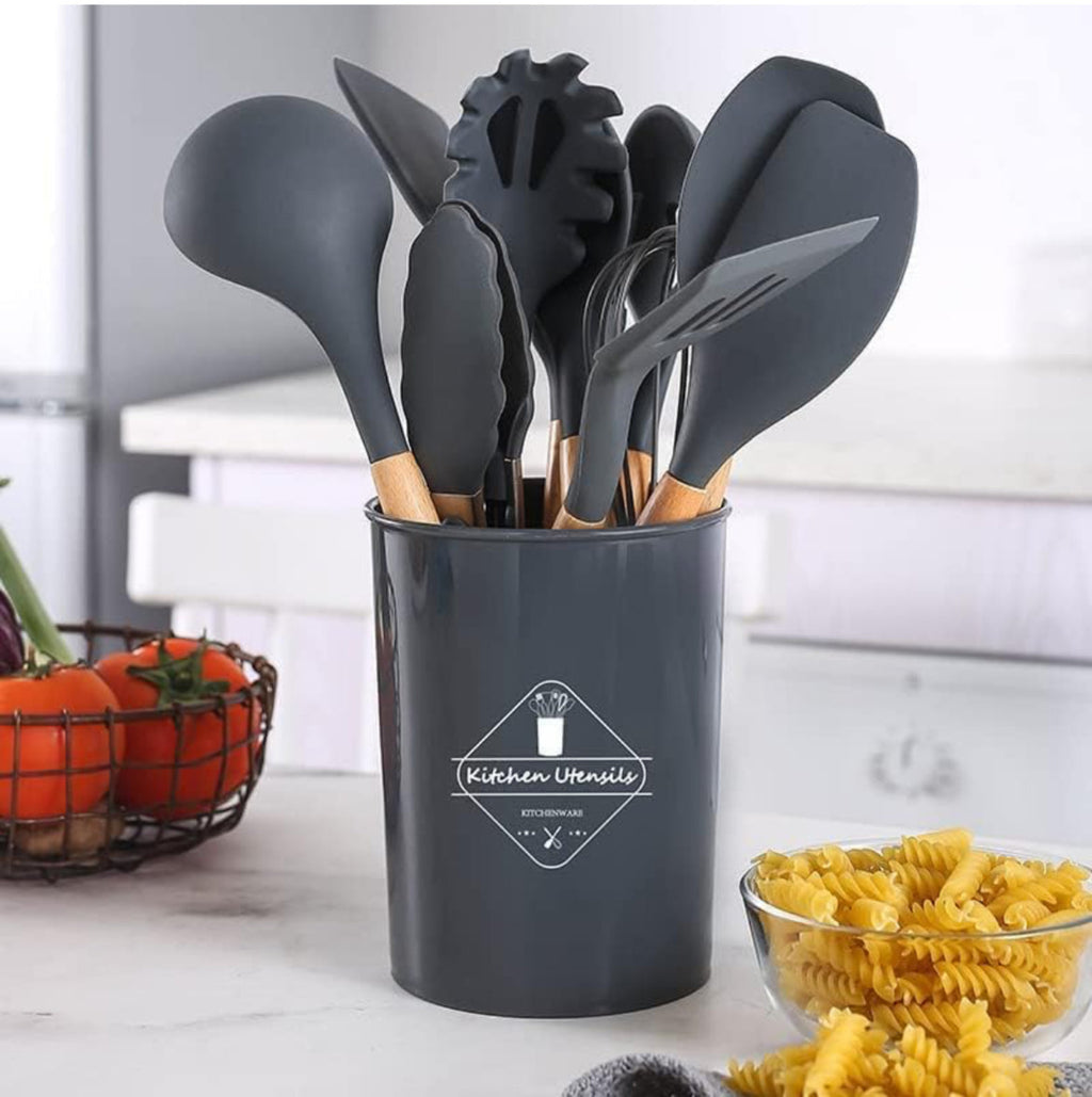 12-Pc Silicone Utensil Set with Wooden Handles & Holder - Grey