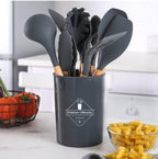 12-Pc Silicone Utensil Set with Wooden Handles & Holder - Grey