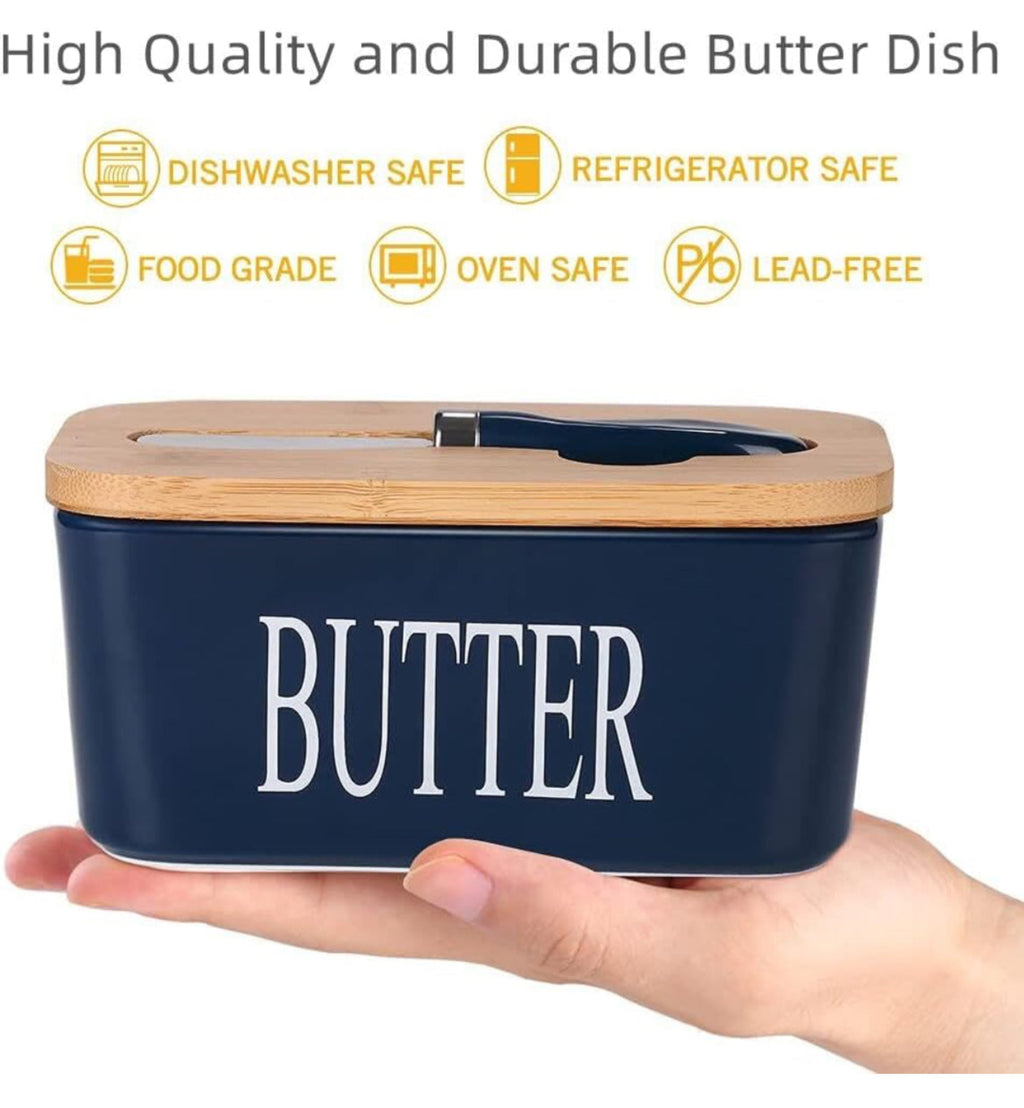 Ceramic Butter Dish Wooden Airtight Lid, With Butter Knife Navy Blue 600ml