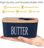 Ceramic Butter Dish Wooden Airtight Lid, With Butter Knife Navy Blue 600ml