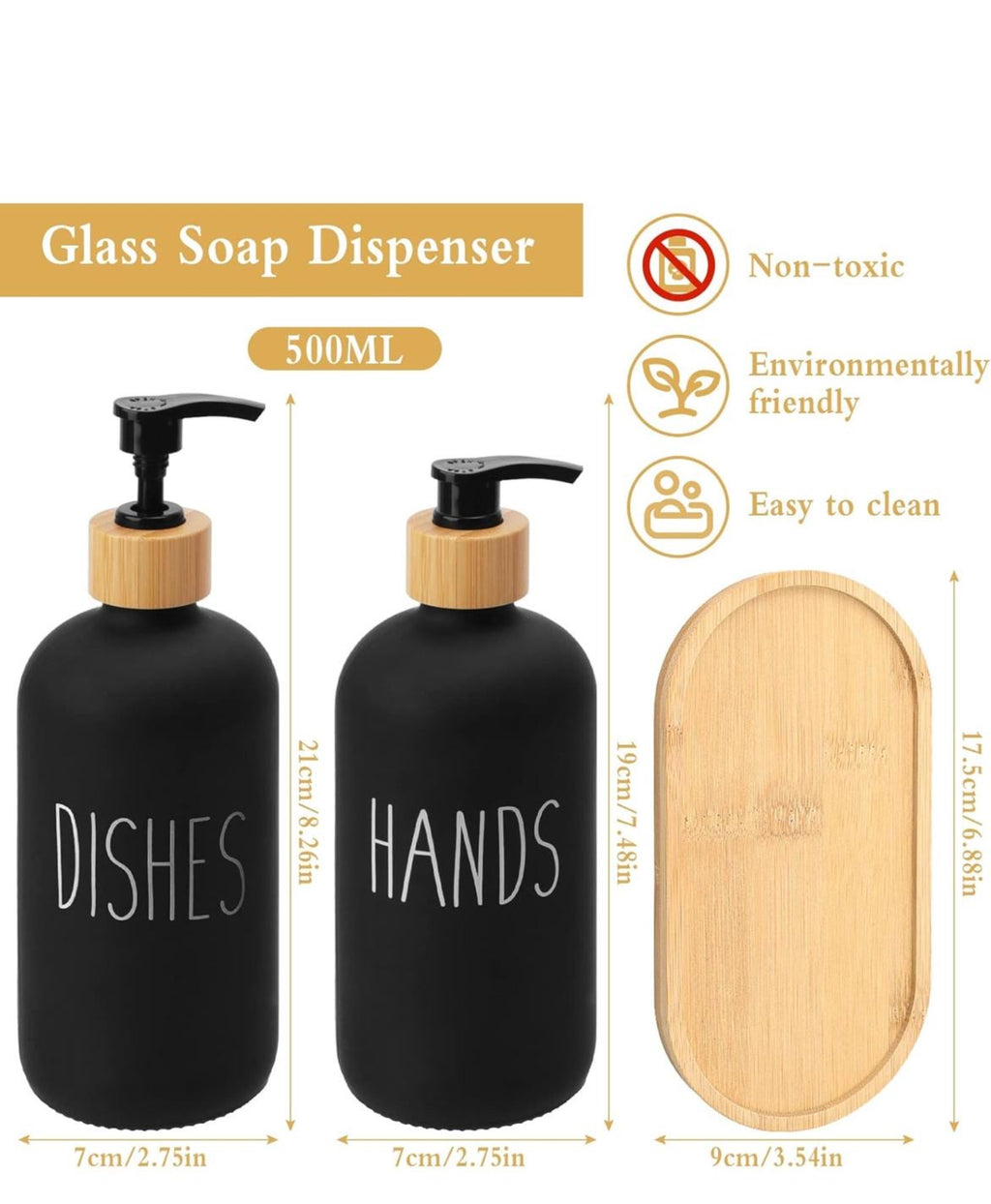 2x 500ml Lotion Soap Dispenser Hand Sanitizer Glass Bottle With Bamboo Cover Pump - Black