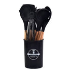 12-Pc Silicone Utensil Set with Wooden Handles & Holder - Black