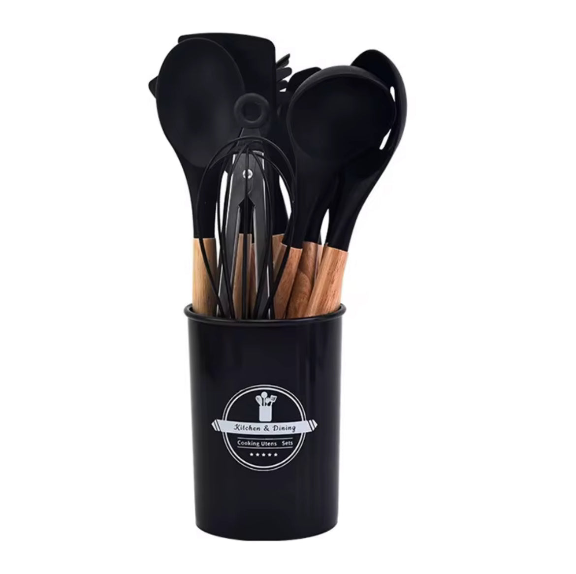 12-Pc Silicone Utensil Set with Wooden Handles & Holder - Black