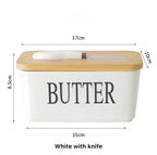 Ceramic Butter Dish With Wooden Airtight Lid, With Butter Knife - White 600ml