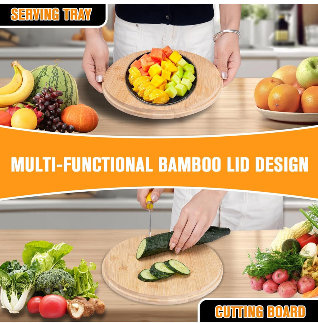 Modern Bamboo Salad Bowl Set with Lid & Serving Spoon and Fork – Black