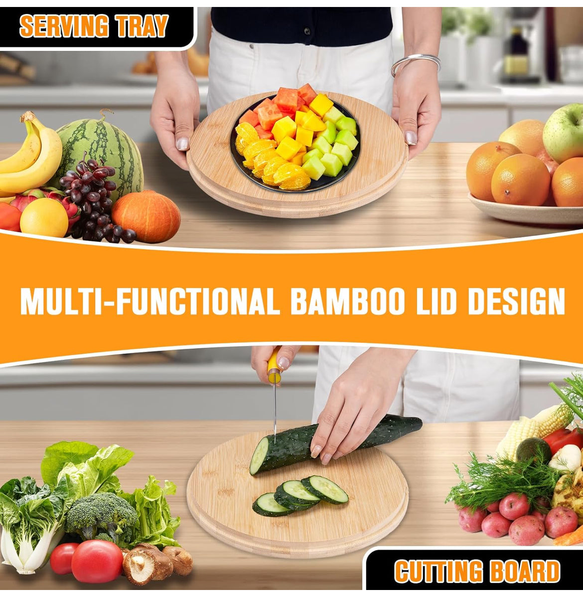 Modern Bamboo Salad Bowl Set with Lid & Serving Spoon and Fork – Black