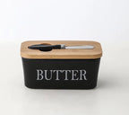 Ceramic Butter Dish Wooden Airtight Lid, With Butter Knife Black 600ml