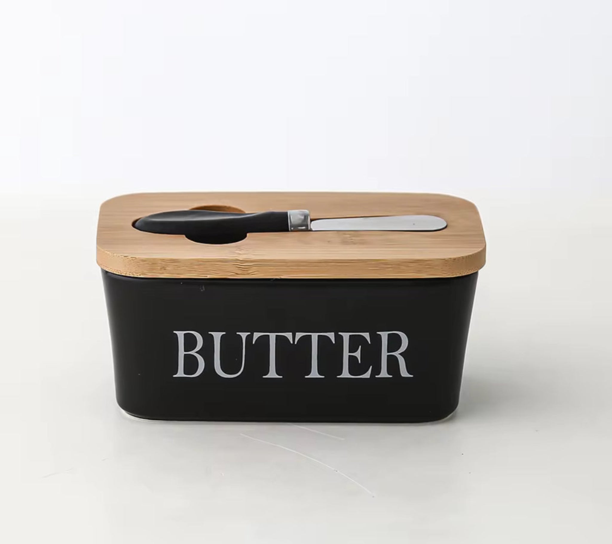 Ceramic Butter Dish Wooden Airtight Lid, With Butter Knife Black 600ml