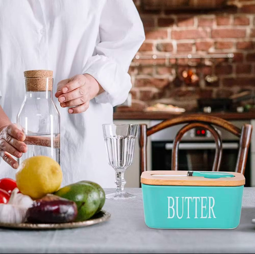 Ceramic Butter Dish With Wooden Airtight Lid, With Butter Knife Turquoise 600ml