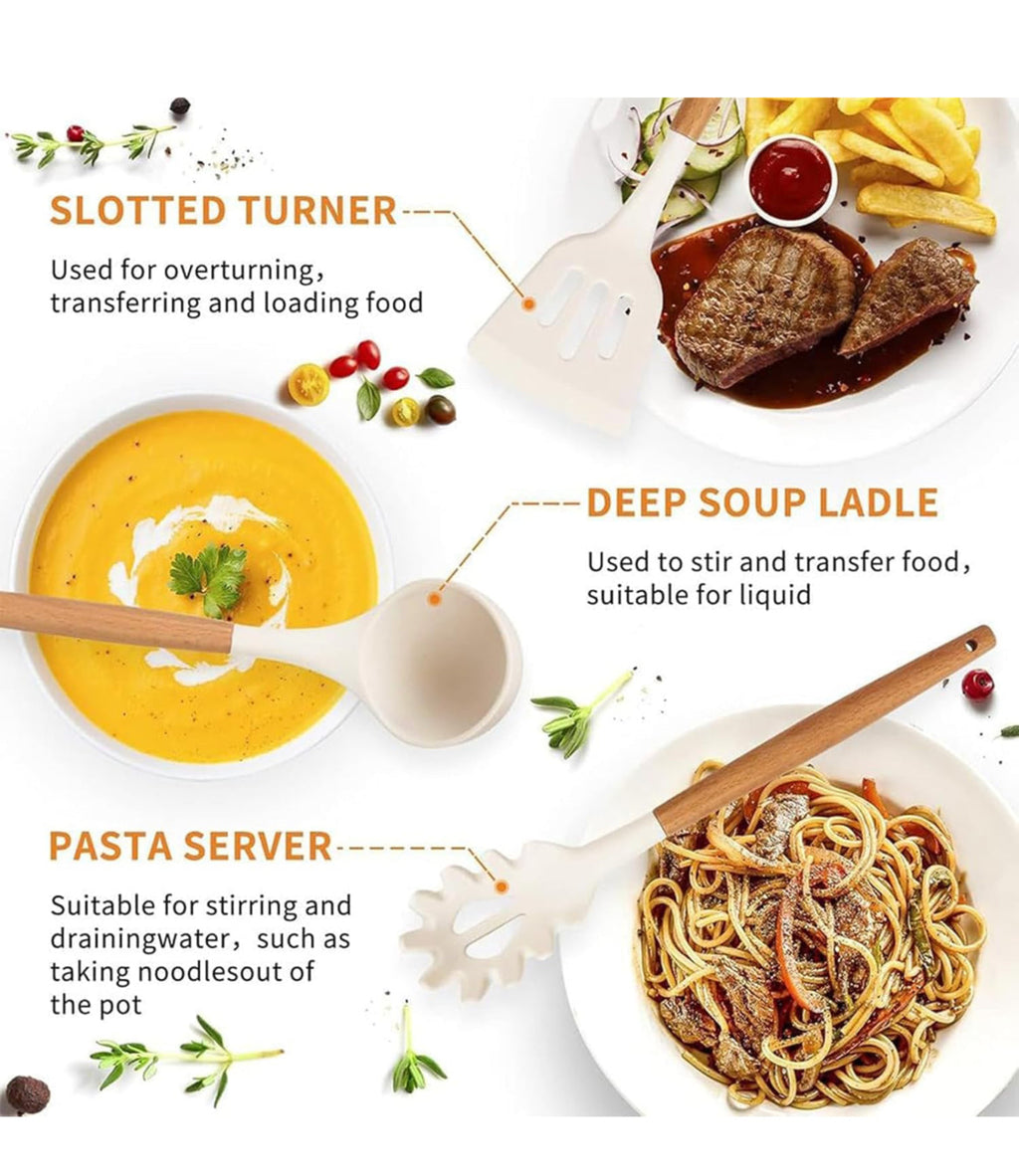 12-Pc Silicone Utensil Set with Wooden Handles & Holder - White