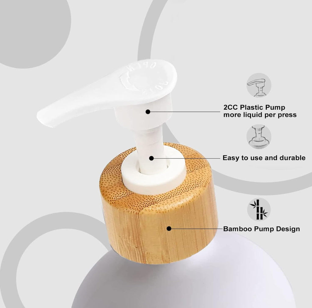 2x 500ml Lotion Soap Dispenser Hand Sanitizer Glass Bottle With Bamboo Cover Pump - White