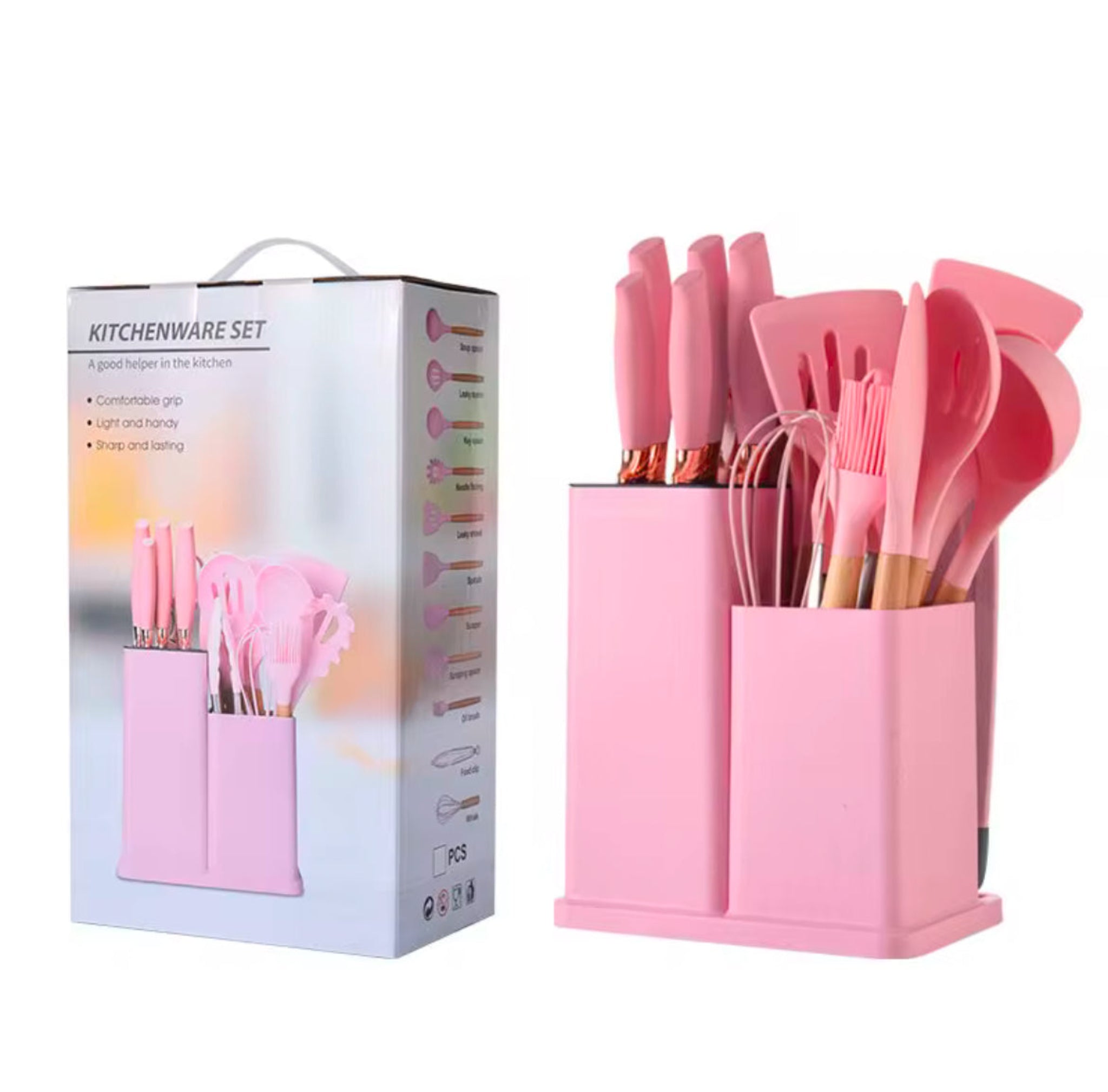 19-Piece Elegant Non-Stick Silicone Kitchen Utensil Set – Pink