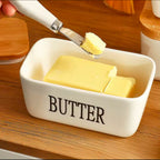 Ceramic Butter Dish With Wooden Airtight Lid, With Butter Knife - White 600ml