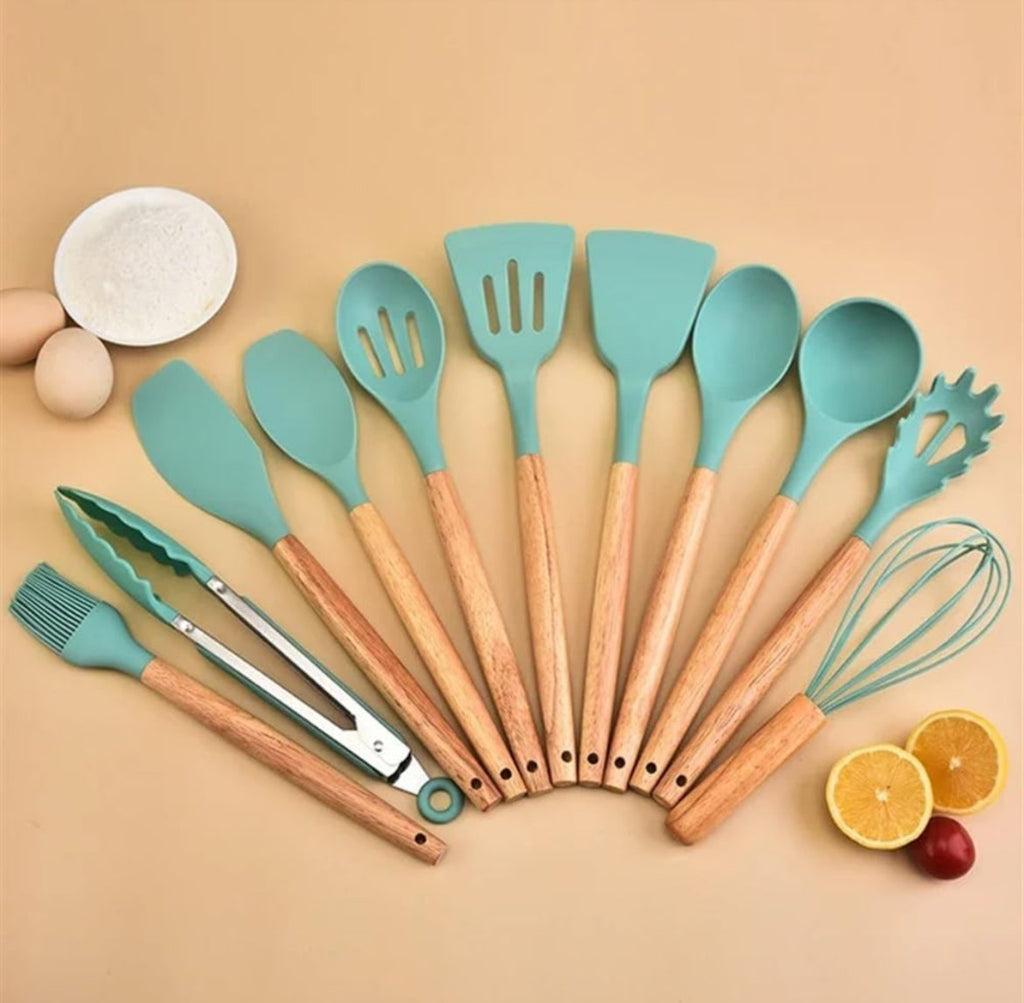 12-Pc Silicone Utensil Set with Wooden Handles & Holder - Turquoise