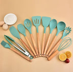 12-Pc Silicone Utensil Set with Wooden Handles & Holder - Turquoise