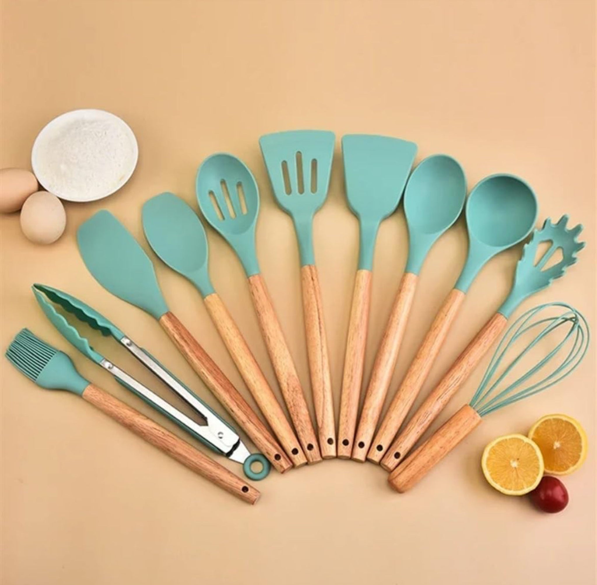 12-Pc Silicone Utensil Set with Wooden Handles & Holder - Turquoise