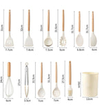 12-Pc Silicone Utensil Set with Wooden Handles & Holder - White
