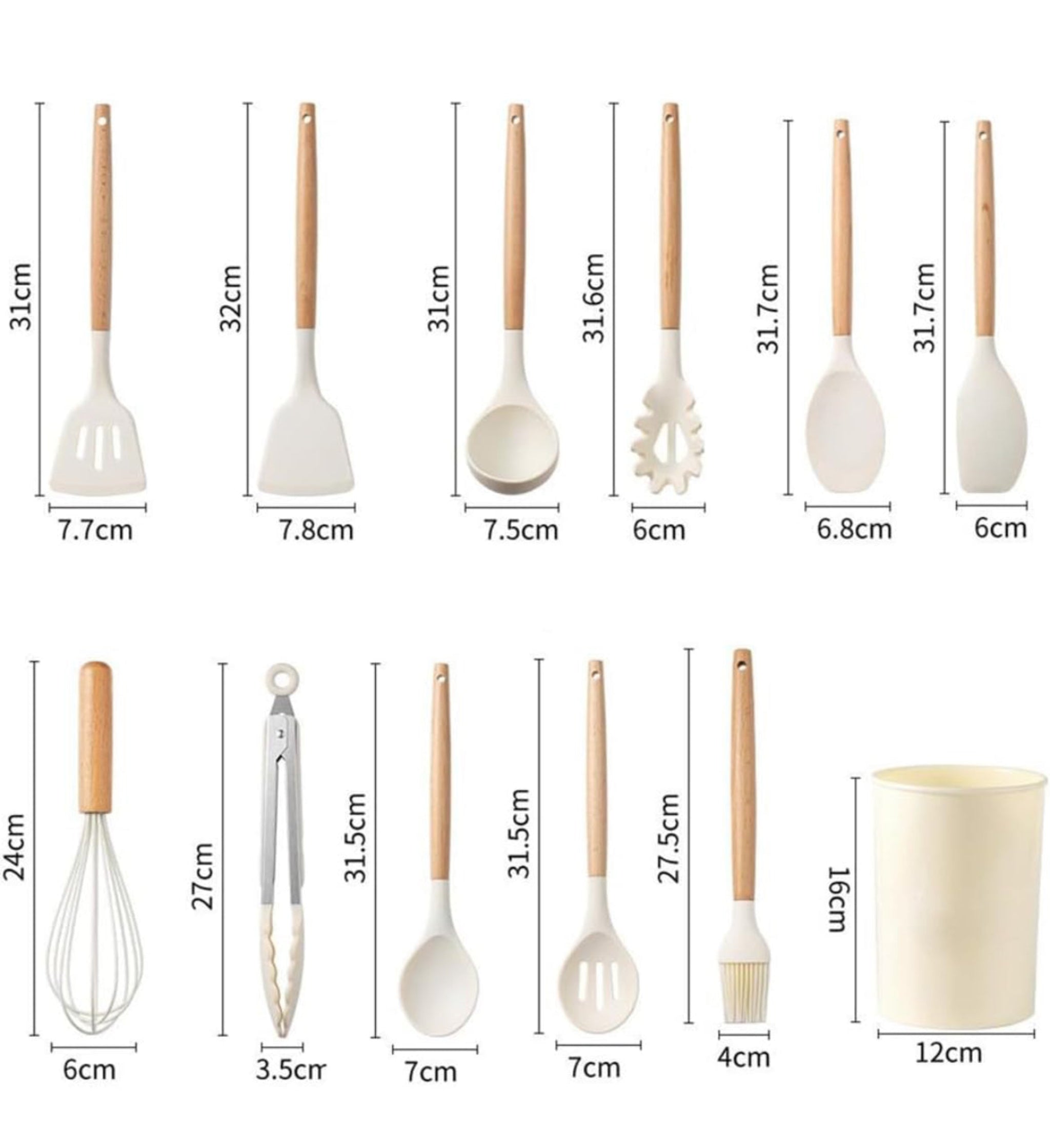 12-Pc Silicone Utensil Set with Wooden Handles & Holder - White