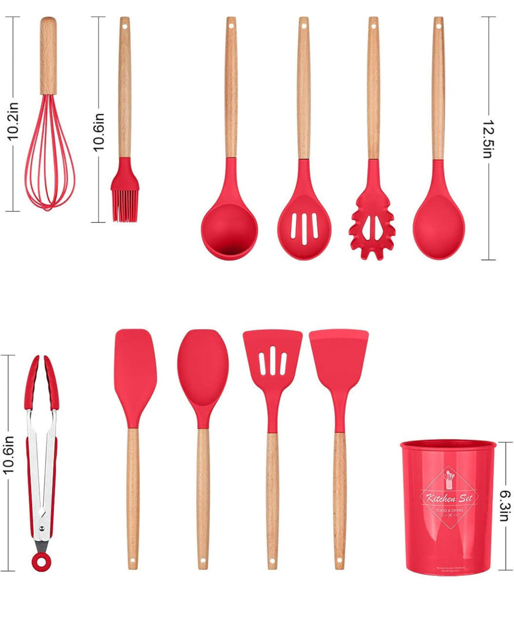12-Pc Silicone Utensil Set with Wooden Handles & Holder - Red
