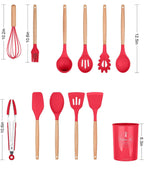12-Pc Silicone Utensil Set with Wooden Handles & Holder - Red