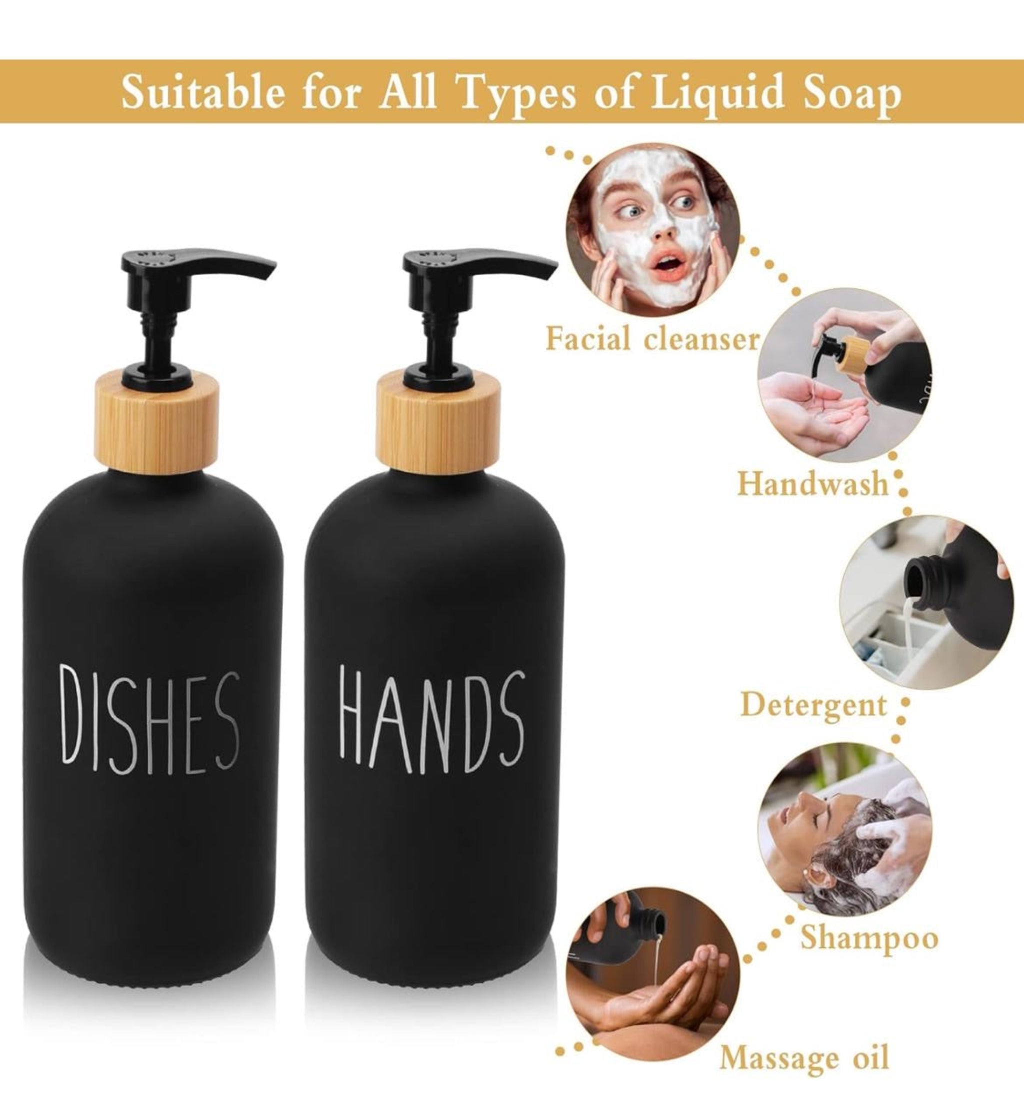 2x 500ml Lotion Soap Dispenser Hand Sanitizer Glass Bottle With Bamboo Cover Pump - Black
