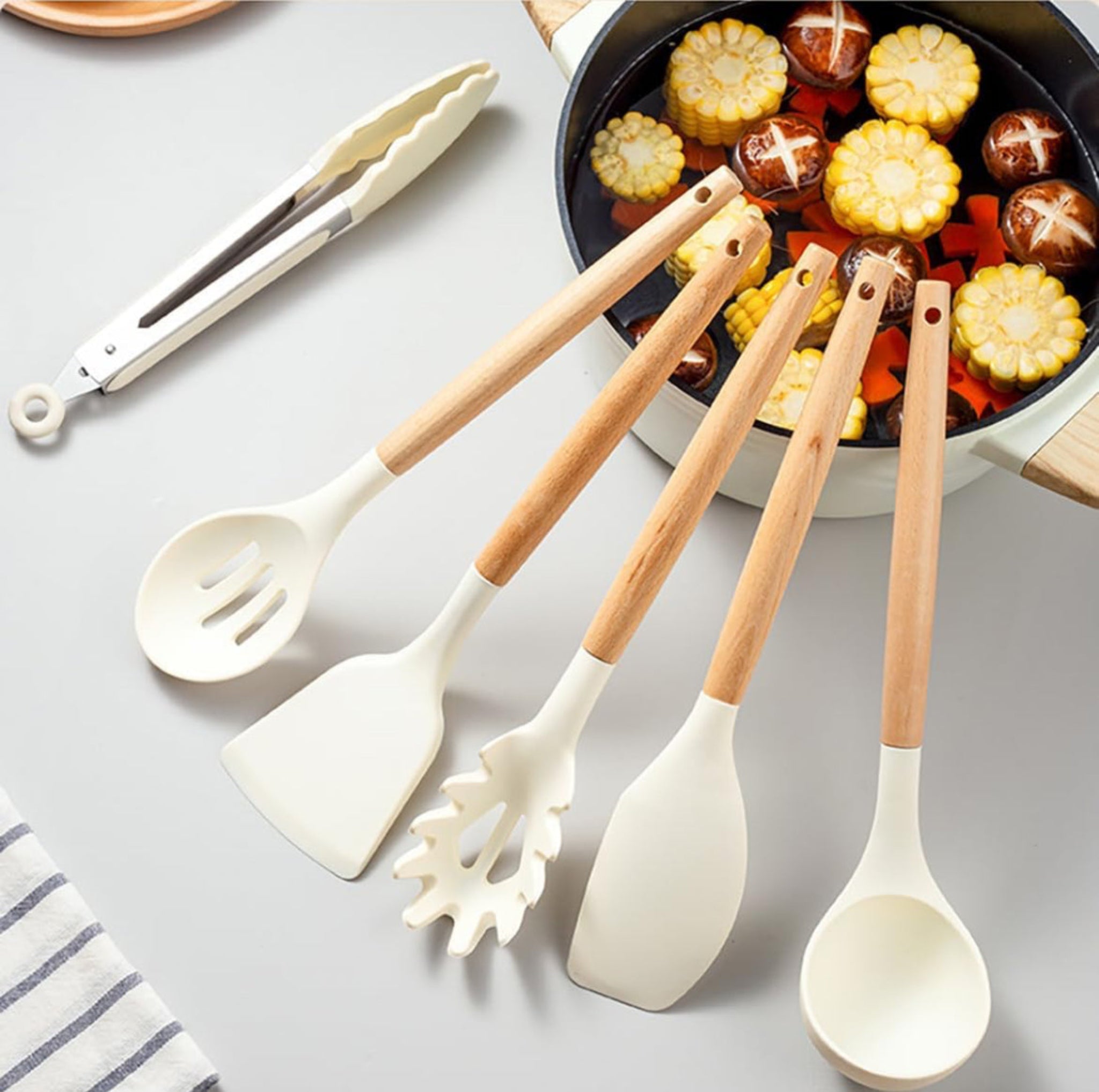 12-Pc Silicone Utensil Set with Wooden Handles & Holder - White