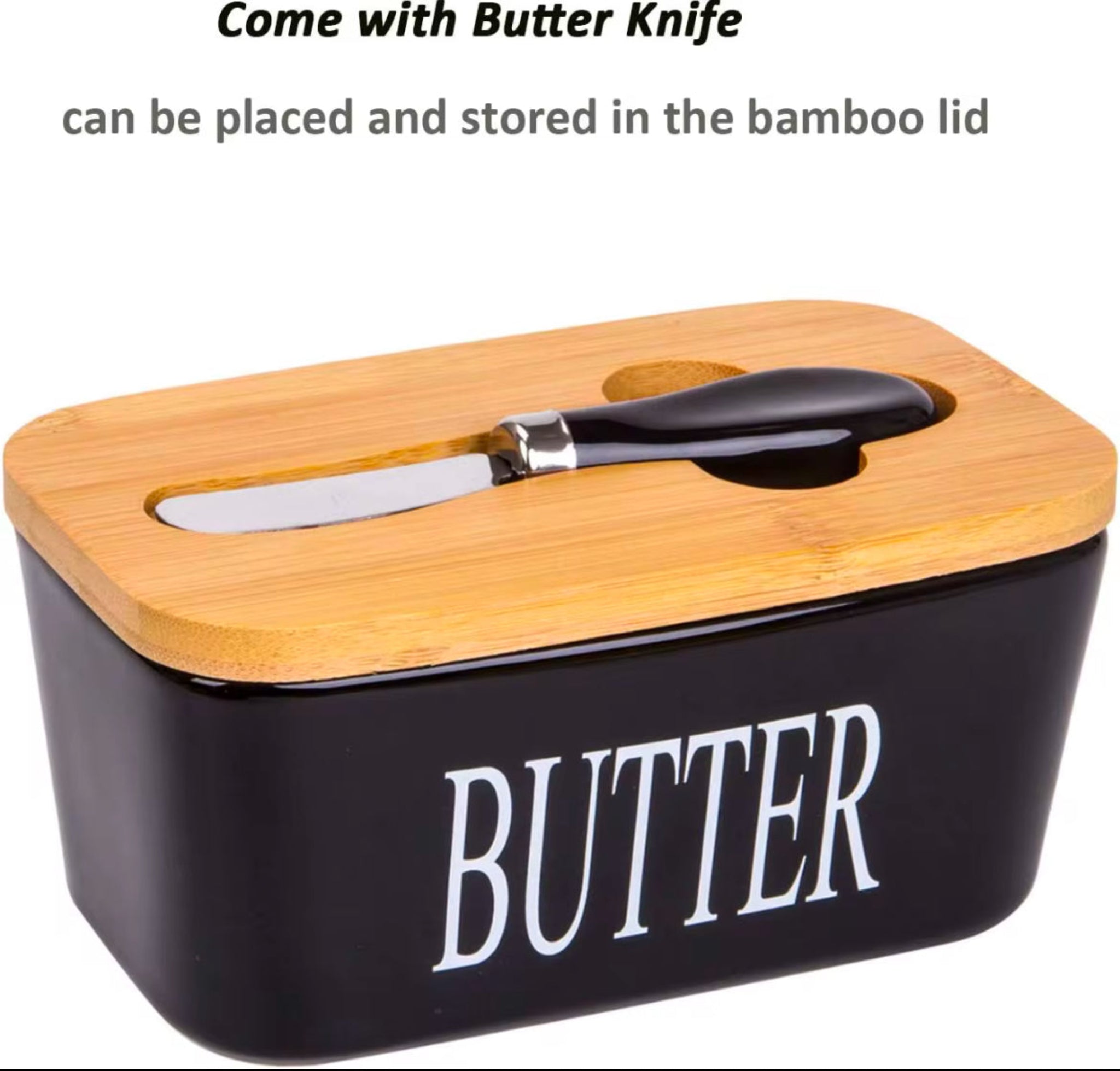 Ceramic Butter Dish Wooden Airtight Lid, With Butter Knife Black 600ml