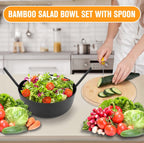 Modern Bamboo Salad Bowl Set with Lid & Serving Spoon and Fork – Black