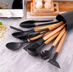 12-Pc Silicone Utensil Set with Wooden Handles & Holder - Black