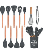 12-Pc Silicone Utensil Set with Wooden Handles & Holder - Grey