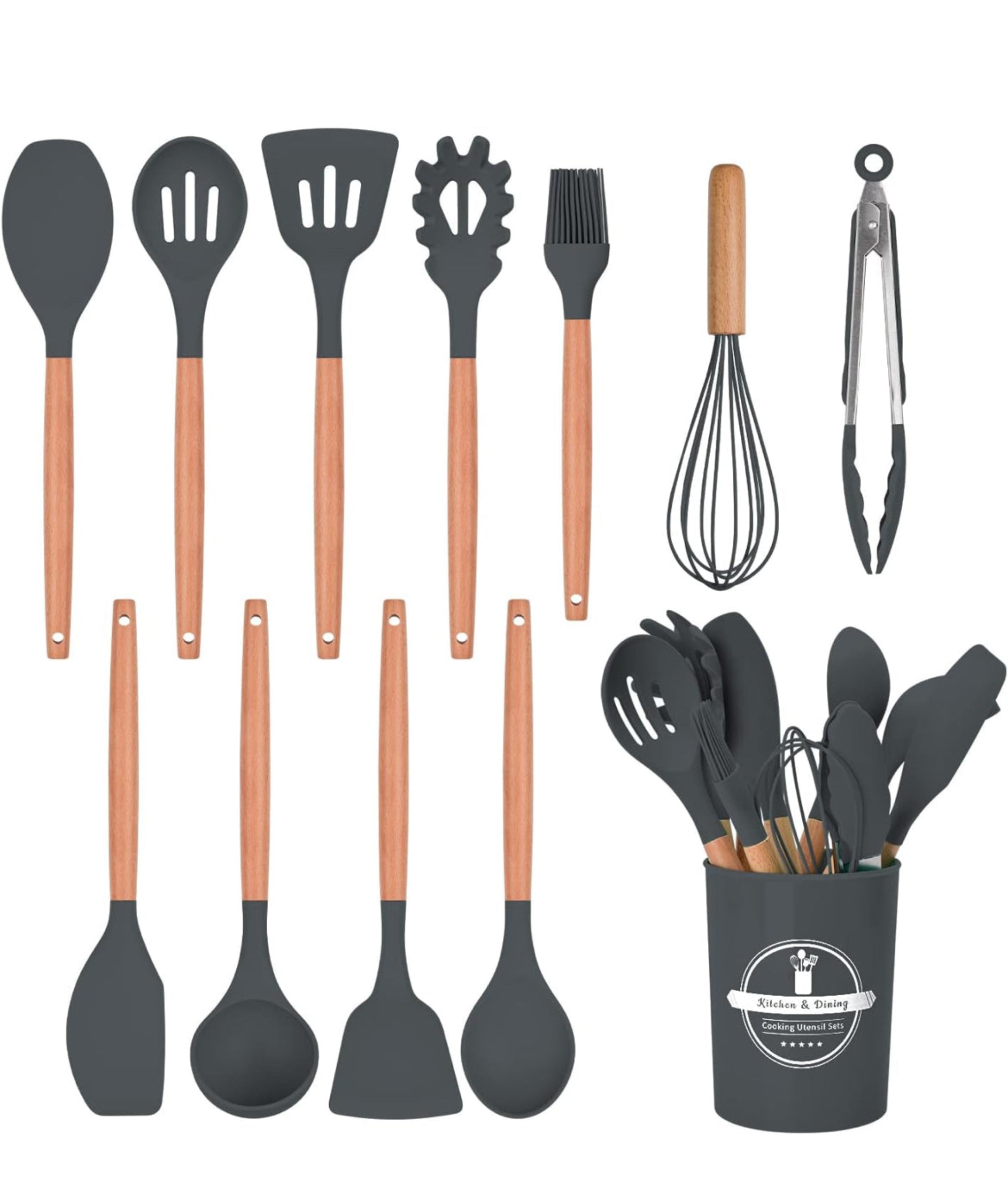 12-Pc Silicone Utensil Set with Wooden Handles & Holder - Grey