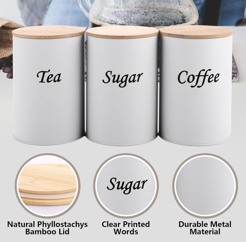 White Kitchen Canister Set – Coffee, Tea & Sugar with Bamboo Lids (3-Piece)