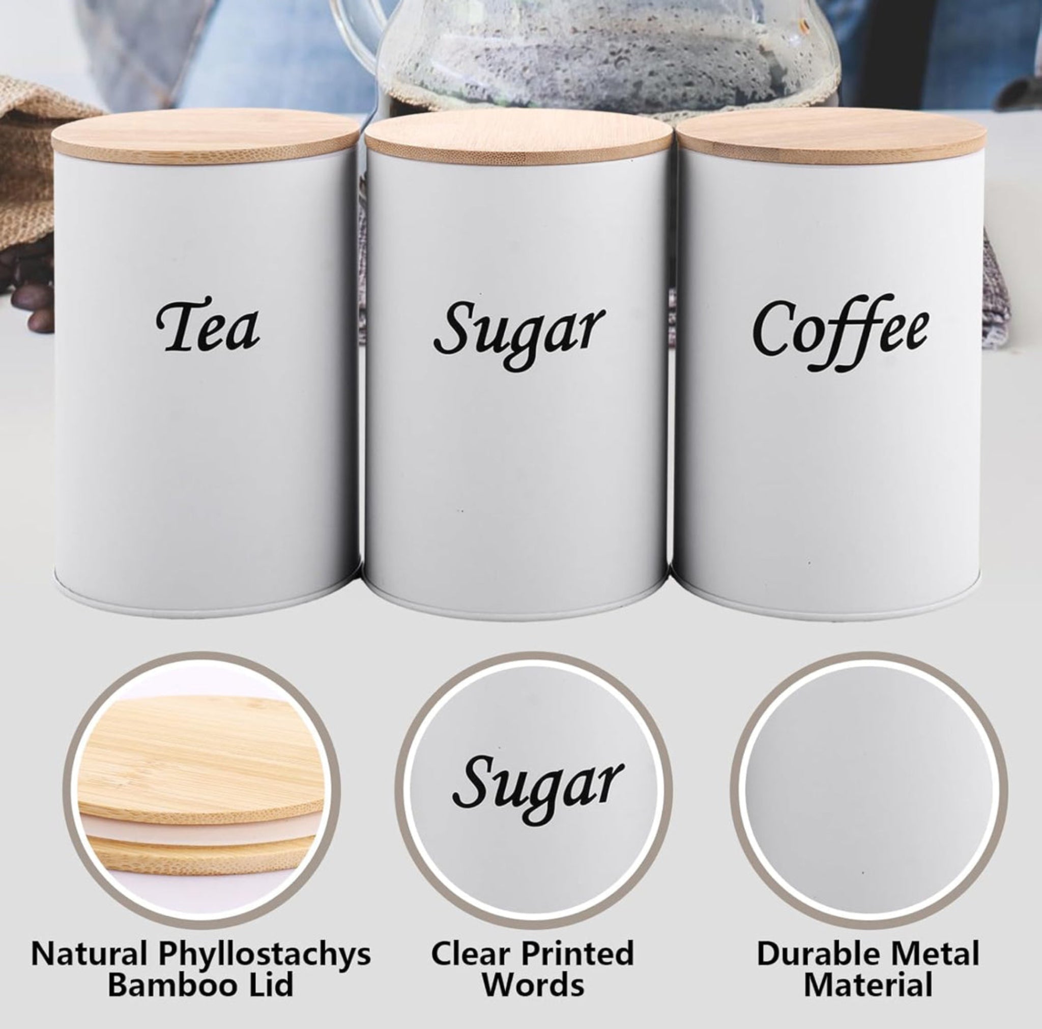 White Kitchen Canister Set – Coffee, Tea & Sugar with Bamboo Lids (3-Piece)