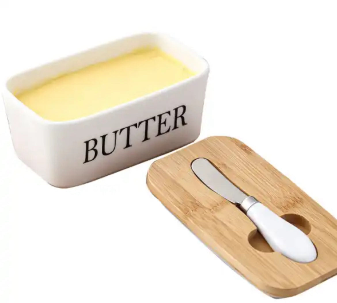 Ceramic Butter Dish With Wooden Airtight Lid, With Butter Knife - White 600ml