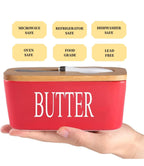 Ceramic Butter Dish Wooden Airtight Lid, With Butter Knife 600ml - Red