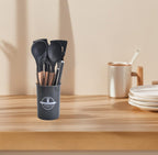 12-Pc Silicone Utensil Set with Wooden Handles & Holder - Grey