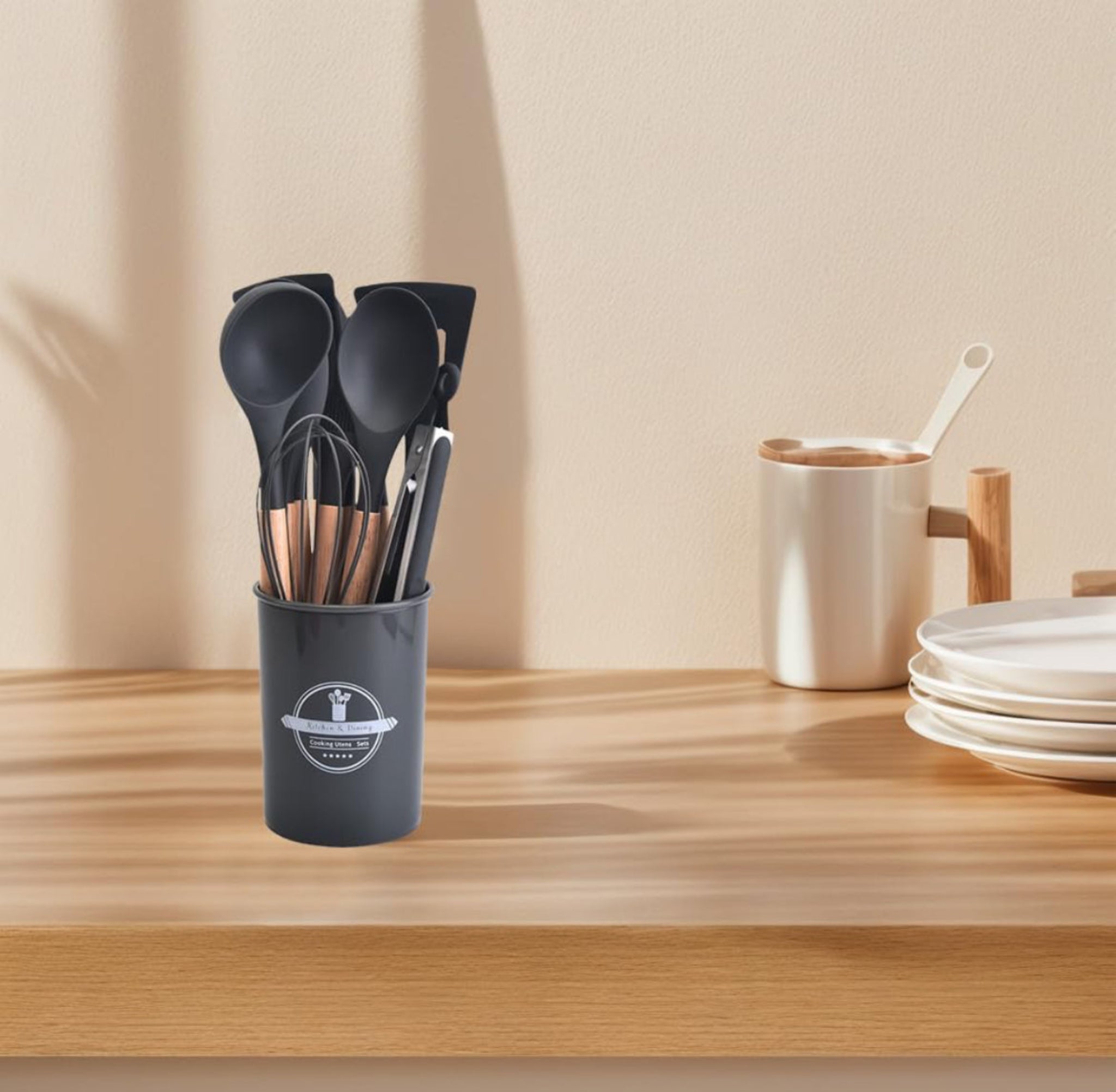 12-Pc Silicone Utensil Set with Wooden Handles & Holder - Grey