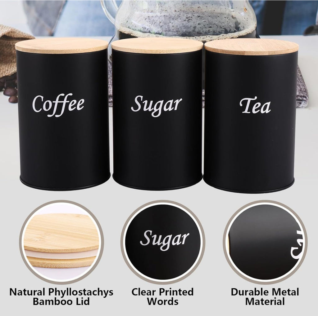 Black Kitchen Canister Set – Coffee, Tea & Sugar with Bamboo Lids (3-Piece)
