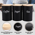 Black Kitchen Canister Set – Coffee, Tea & Sugar with Bamboo Lids (3-Piece)