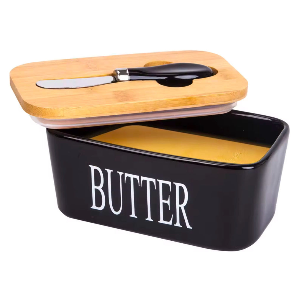 Ceramic Butter Dish Wooden Airtight Lid, With Butter Knife Black 600ml